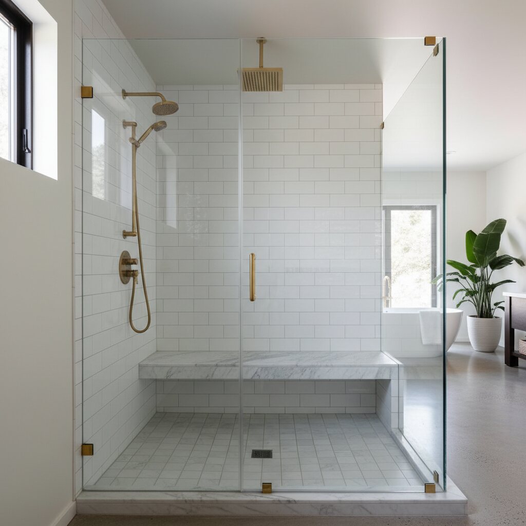 Walk-in glass shower with subway tile