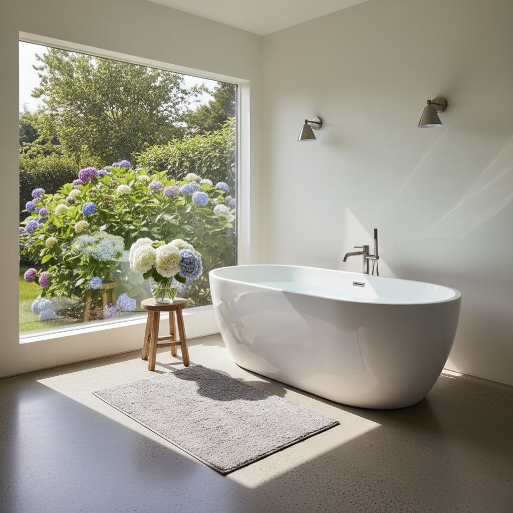 Freestanding tub by garden window