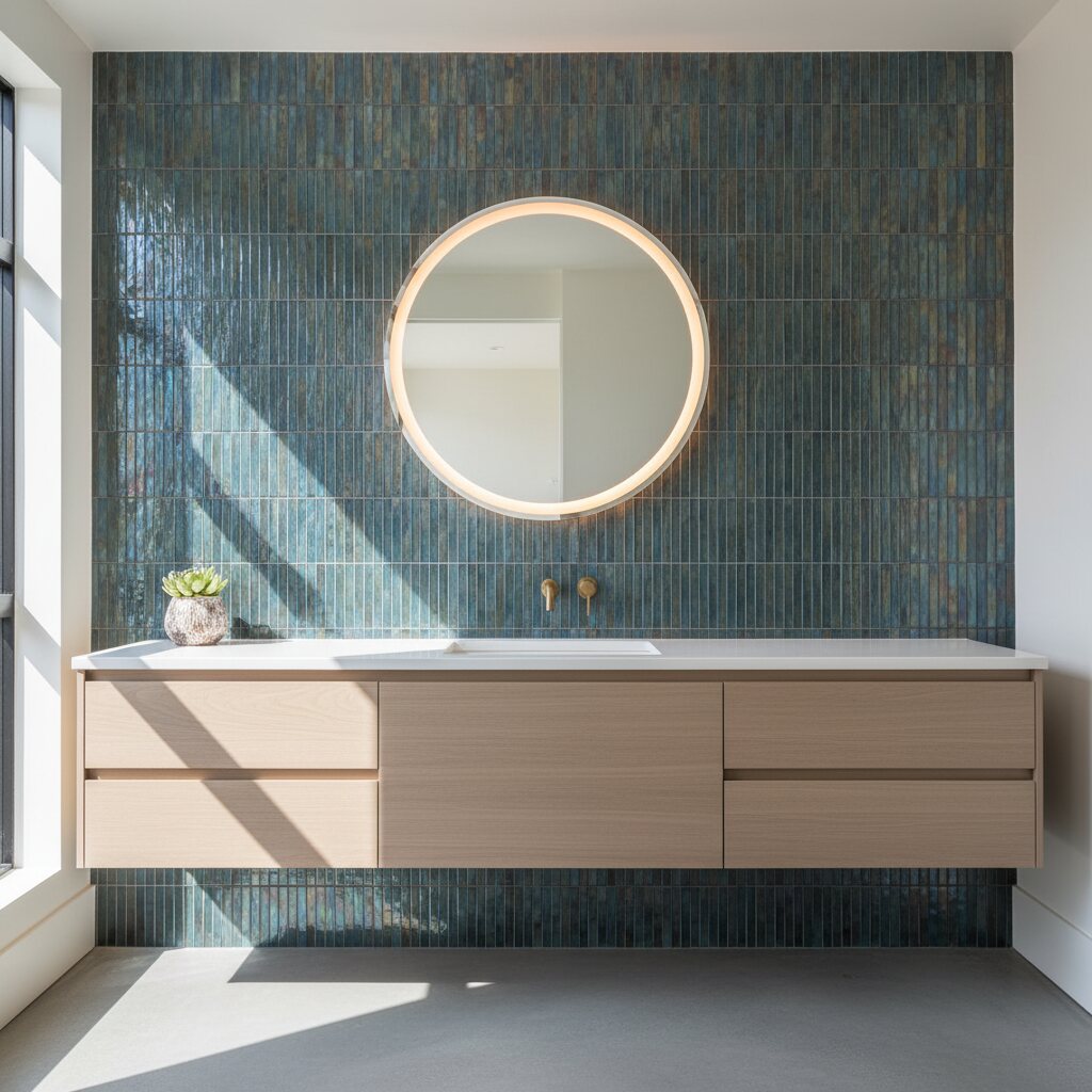Mosaic tile feature wall and floating vanity