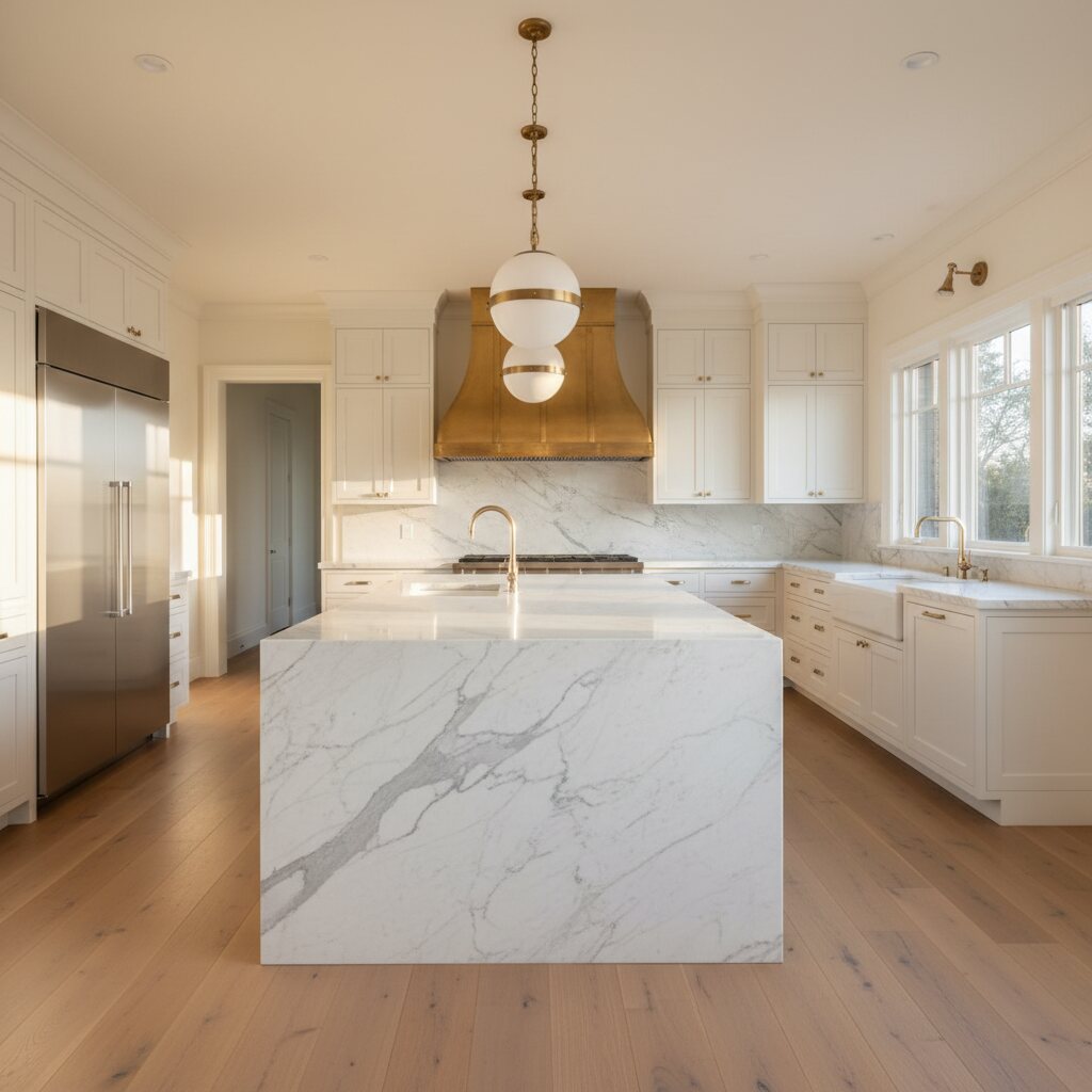Marble waterfall island with brass pendants
