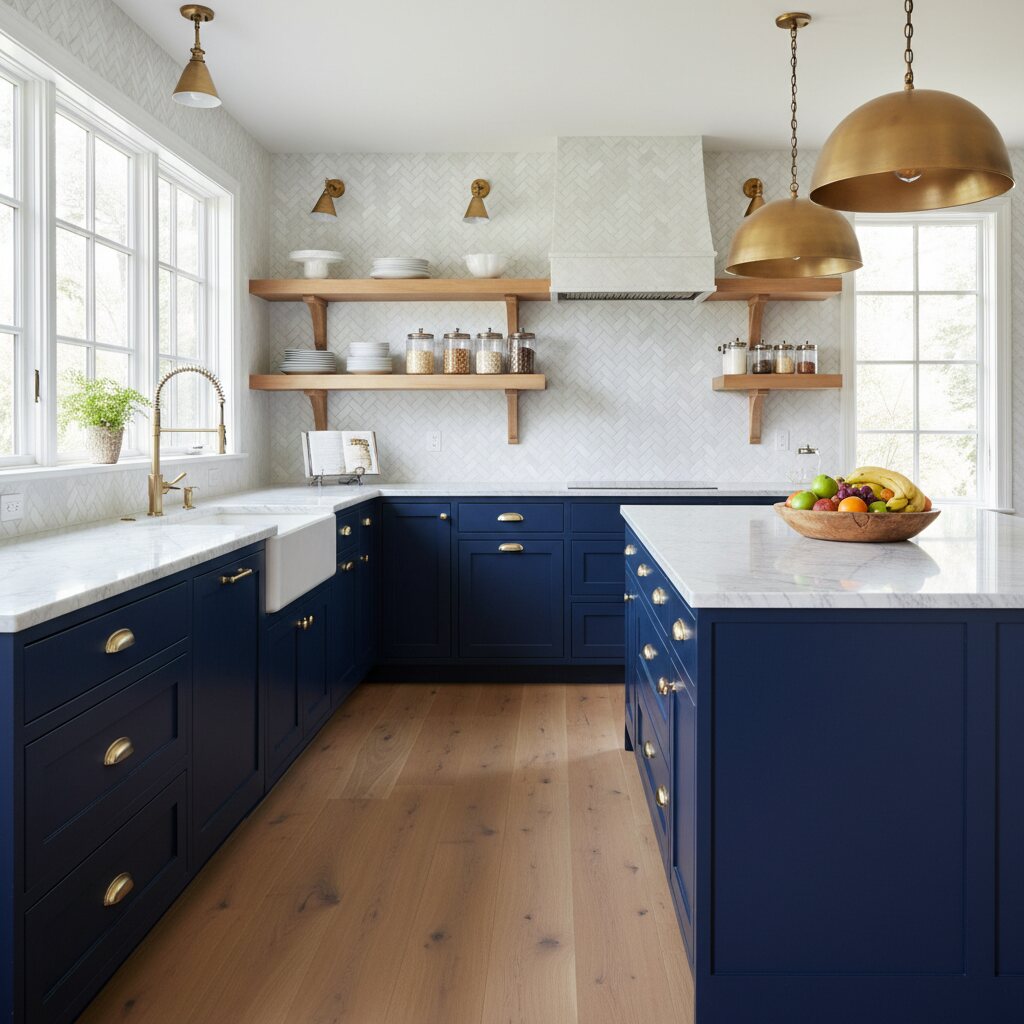 Navy cabinets with open shelving and herringbone backsplash