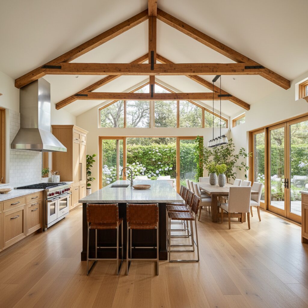 Open-concept kitchen with vaulted beam ceiling