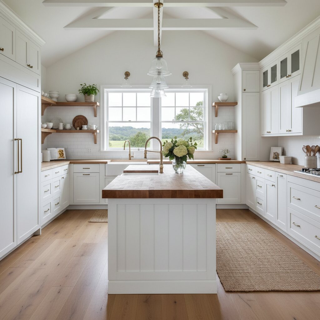 Modern farmhouse kitchen with butcher block island