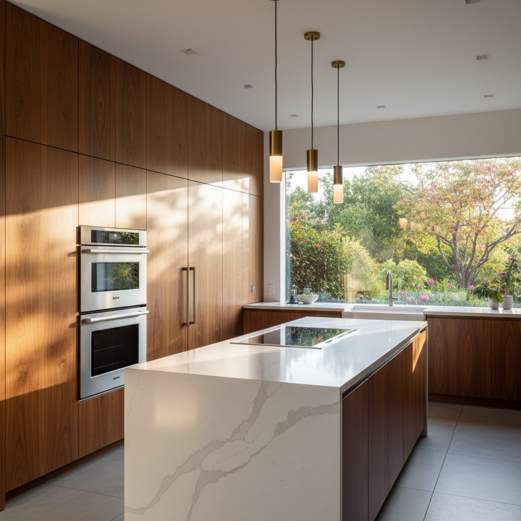 Walnut cabinetry with quartz island