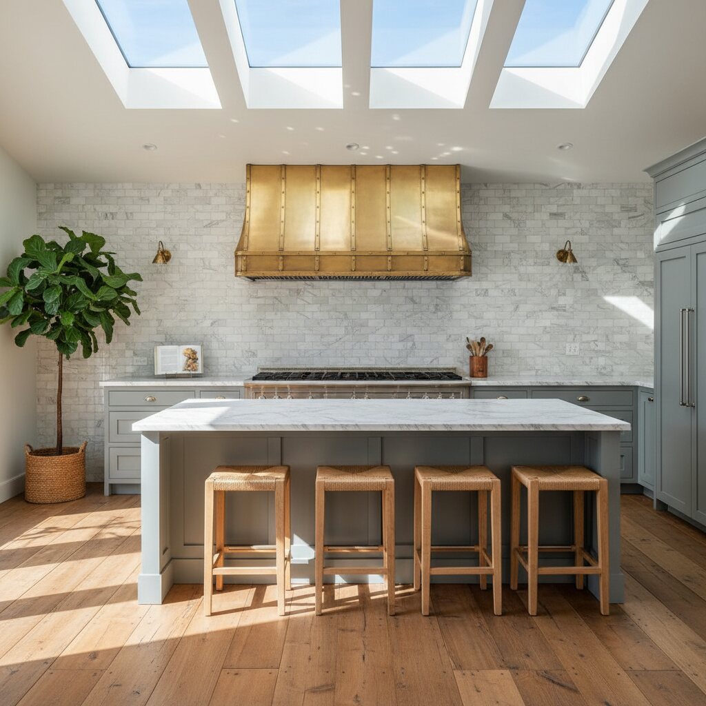 Chef's kitchen with brass hood and marble subway tile